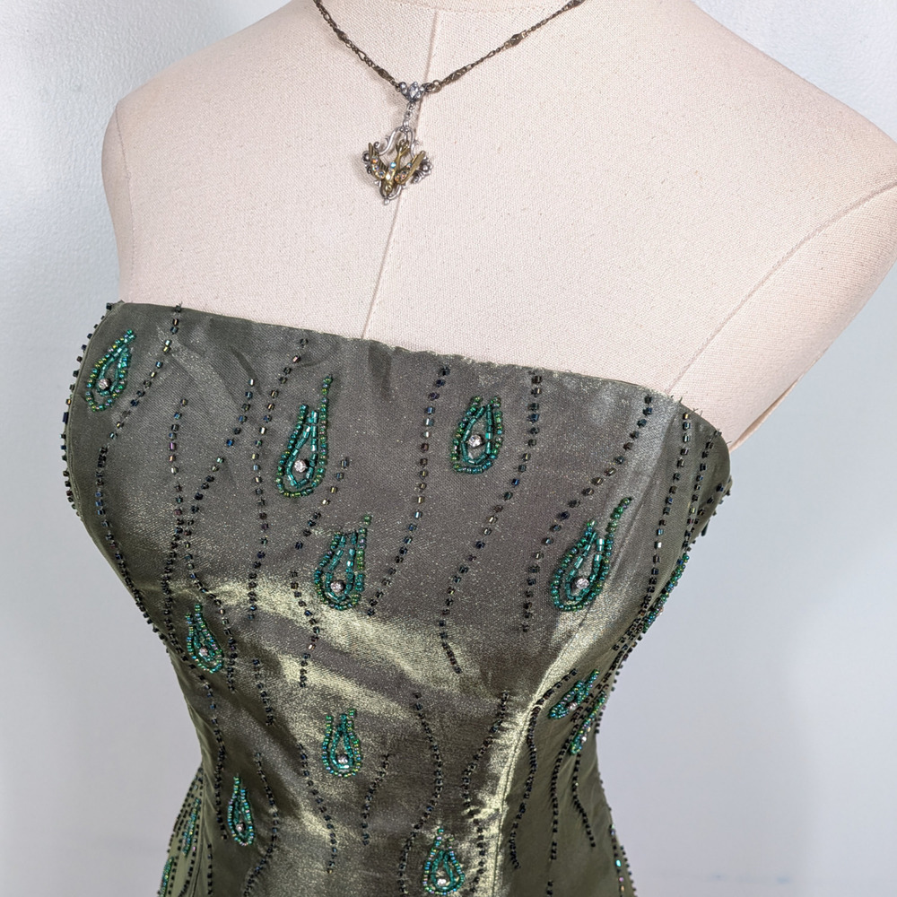 Vintage Prom Dress Maxi Gown 8 Olive Green Y2K Princess Ombre Goth Bead Glam - Picture 2 of 10